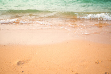 Coast sand beach white wave and bue sea close up. ocean tropical nature summer. for tourist relax vacation travel in holidays.