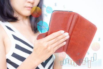 Woman use mobile phone with icon symbols  graph Pie chart market share competition, dollars symbols money, candlestick chart. investment finance income trade stock market by smartphone internet.