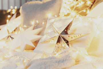 Christmas mood or New Year happy time decorations, silver paper star shape