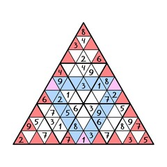 Big triangular sudoku game for kids vector illustration. Place number from 1 to 9 in each red and blue lines and big triangles just once vector