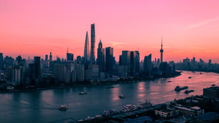 Aerial view of  Shanghai landmarks at sunset