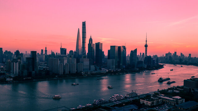 Aerial view of  Shanghai landmarks at sunset