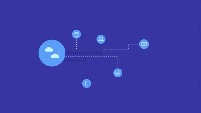 Cloud networking, data communication technology, cloud computing network connection, secure server storage concept. 2d animation 4k video clip.