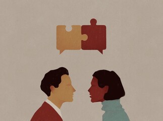 Young man and woman communicate with speech bubbles