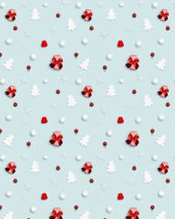 Christmas or winter composition with toy red cap, balls and gift box, stars, white wooden fir tree figure.