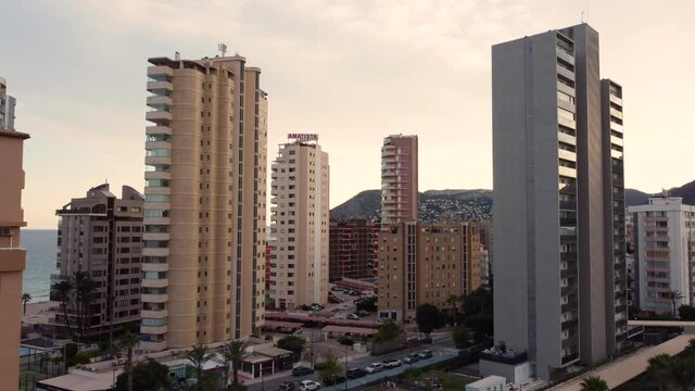 Professional clip of the hotels and luxurious apartment blocks in the town of Calpe in Spain