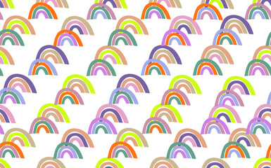 Trendy seamless pattern with colorful rainbow on white background. Design for invitation, poster, card, fabric, textile, fabric. Cute holiday illustration for baby. Scandinavian doodle style
