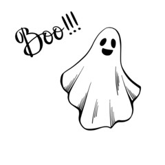 Сute Halloween Ghost and lettering boo. Hand drawn style. Line art.