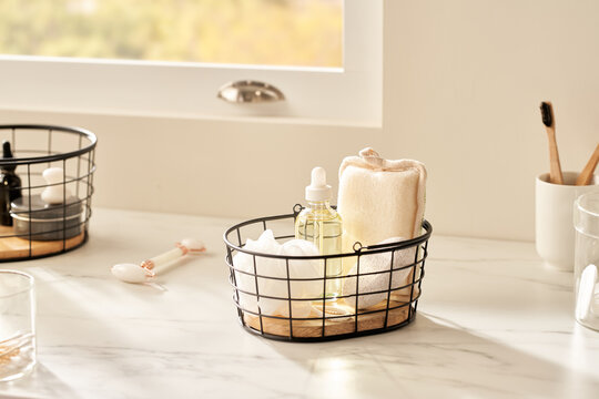 Body care supplies in bathroom