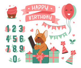The set of Birthday in a vector illustration. The clipart with dog