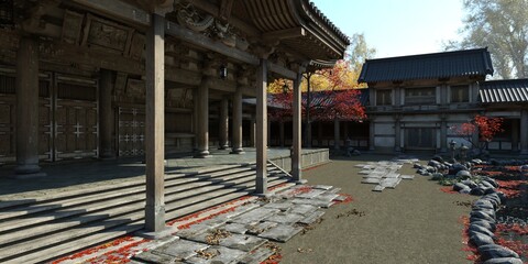 Old japanese palace in the fall 3d illustration