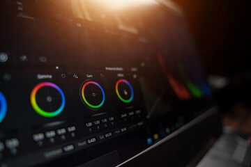 Close up of Program for video editing. Video production. Color Correction.