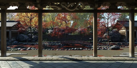 Old japanese palace in the fall 3d illustration