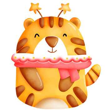 the cute tiger is smiling.the dress up is adorable with yellow star head and pink scarf.the cartoon character for invitation party card.