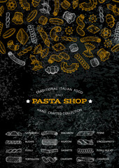 Pasta menu. Italian food restaurant vector illustration. Logo and menu design on blackboard background. Spaghetti, penne, macaroni in chalk board vintage art. Sketch chalkboard cafe hand drawing