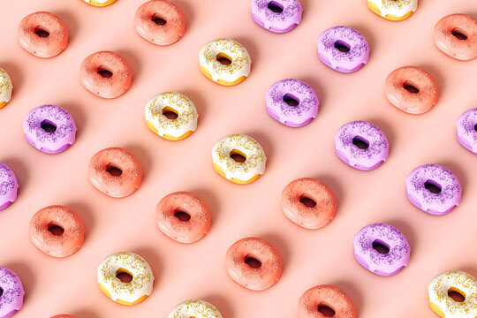 Colorful donuts pattern on pink