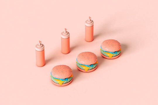 three ketchup bottles and pink cheeseburgers
