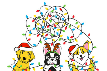 Dogs tangled christmas lights in christmas deer - obrazy, fototapety, plakaty