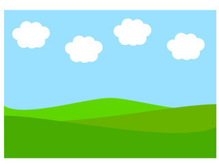 Obraz premium Field and sky with clouds.Green nature landscape.Hill and grass.Park or outdoor.Golf courses.Summer background.Garden or turf.Farm and countryside scenery.Cartoon vector illustration.Wallpaper meadow.