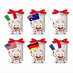 White long gift box cartoon character bring the flags of various countries