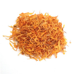 Fototapeta premium dry dried marigold Heap of medicinal flowers of a calendula on white background. Herbal tea. Close up. High resolution