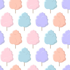 Vector seamless pattern with cotton candy isolated on white background. Trendy colorful flat illustration for textile design, packaging and wrapping paper.