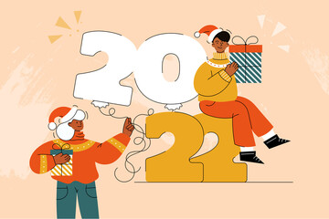 Greeting card, happy christmas and new year 2022 banner in doodle style, children's drawing. Drawn girl and boy, people, couple In winter sweater with a gift box with a bow and ribbons, outline. 