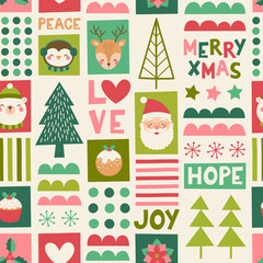 Cute cartoon character and decorative elements for christmas and new year celebration background.