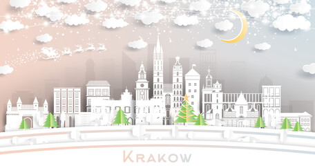 Krakow Poland City Skyline in Paper Cut Style with Snowflakes, Moon and Neon Garland.