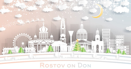 Rostov-on-Don Russia City Skyline in Paper Cut Style with Snowflakes, Moon and Neon Garland.