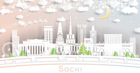 Sochi Russia City Skyline in Paper Cut Style with Snowflakes, Moon and Neon Garland.