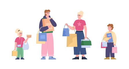 Happy shoppers family with children hold lot of shopping bags and gifts.