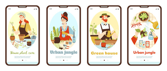 Onboarding pages kit on urban jungle and green house, flat vector illustration.