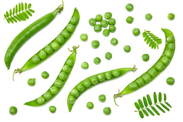 Fresh green pea pods with green peas isolated on white background. clipping path. top view