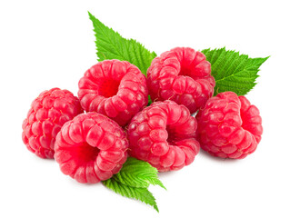 ripe raspberries with green leaf isolated on white background. clipping path