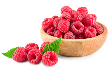 ripe raspberries in wooden bowl isolated on white background. clipping path