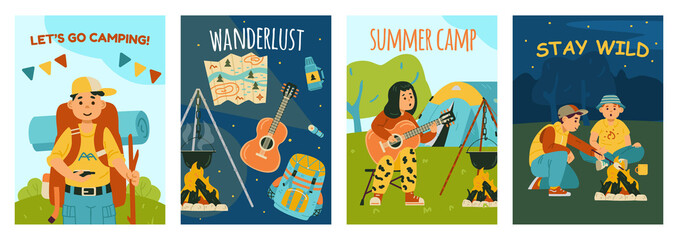 Fototapeta premium Design posters for kids summer camps. Adventure hiking and camping activity for boys and girls at nature during vacation or weekend. Flat cartoon vector illustrations.