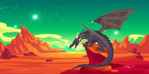 Fairytale black dragon on cliff in mountains. Vector cartoon fantasy illustration of spooky magic beast with wings and red desert landscape with rocks at night © klyaksun