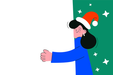 Illustration, frame for your text to happy Christmas and new year with a pretty girl in the red cap of Santa Claus, stars, sparkles in the style of Doodle, cartoon, drawing, outline. 