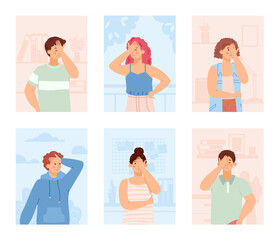 Set of people feel shame and disappointment, flat vector illustration isolated.