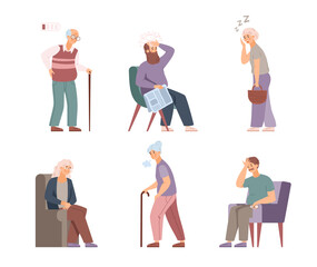 Set of tired elderly persons with various health disorders a vector illustrations