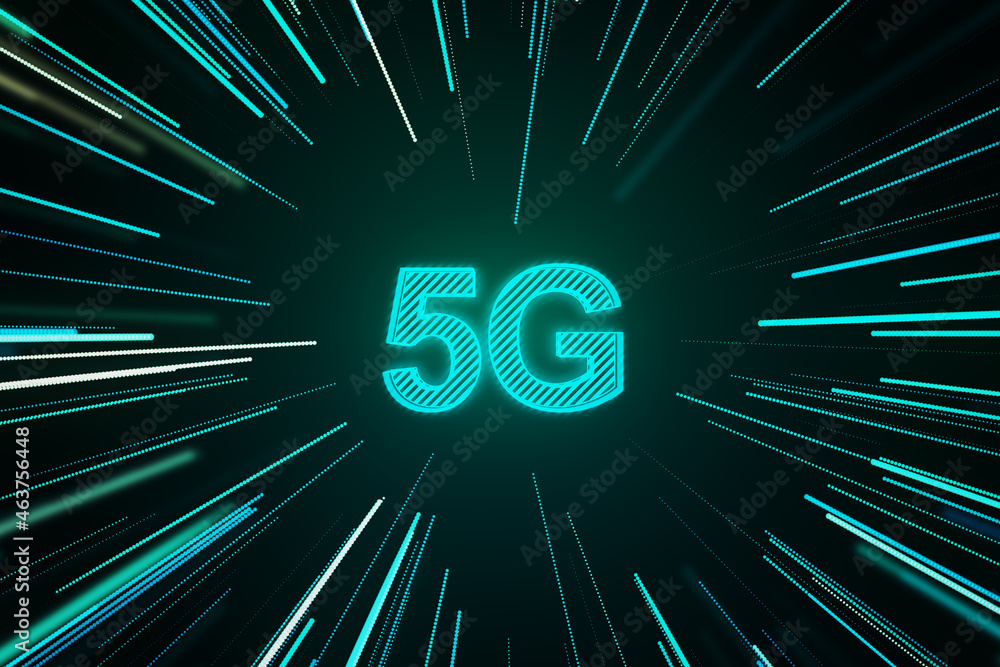 Poster abstract glowing 5g hologram on dark background. internet speed, wireless connection and communicati