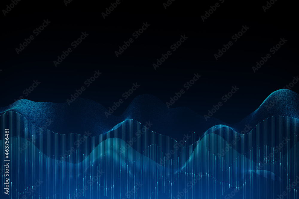 Poster Abstract dark background with digital blue waves. Technology, innovation and mock up place concept. 3D Rendering.