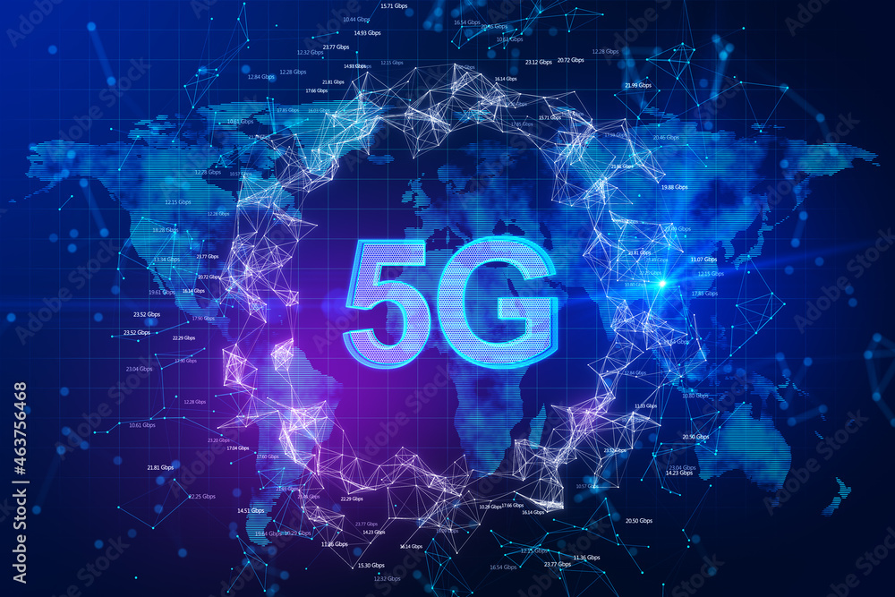Poster abstract glowing blue polygonal 5g hologram on blurry background with map. internet speed, wireless 