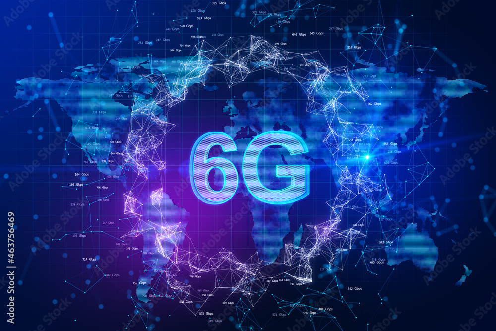 Aufkleber abstract glowing blue polygonal 6g hologram on blurry background with map. internet speed, wireless 