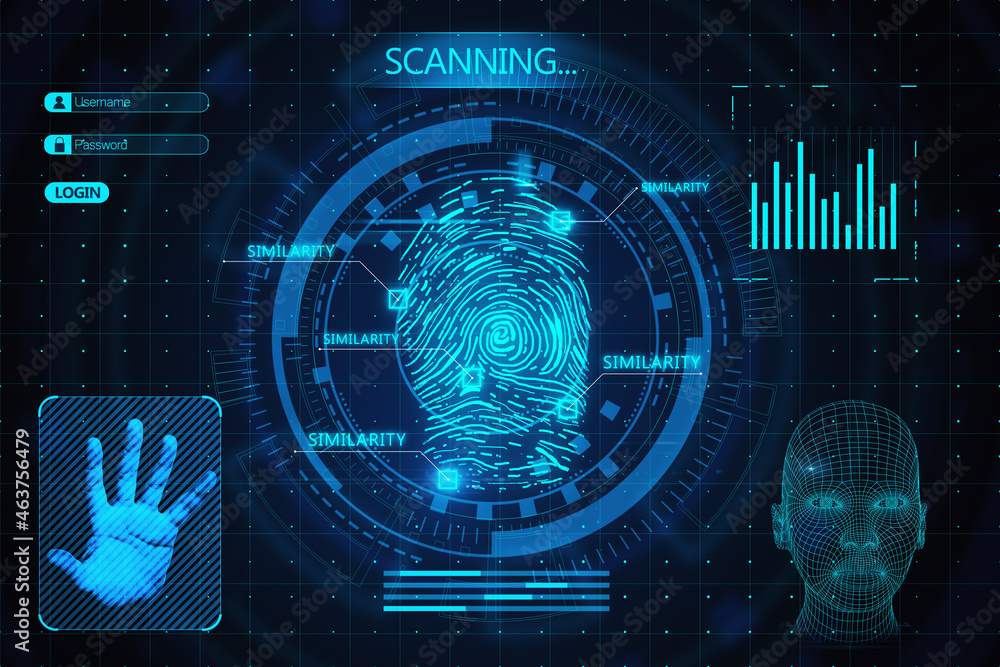 Poster Abstract glowing finger scanning hologram on dark background. Fingerprint and identity concept. 3D Rendering.