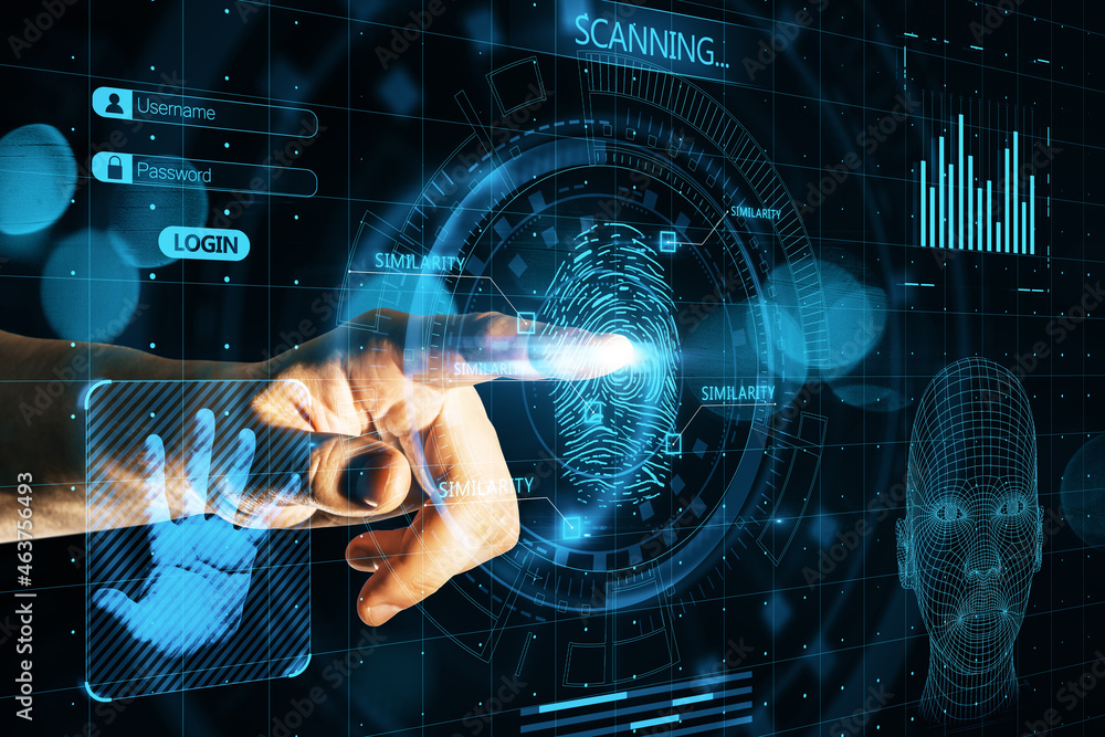 Poster male hand pointing at abstract glowing finger scanning hologram on dark background. fingerprint and 