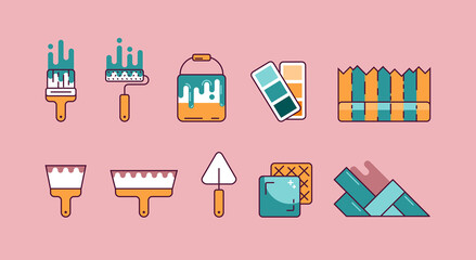 A set of icons repair and decorative finishing. Collection of symbols, brush, roller, paint, palette, wallpaper, ceramic tile, trowel, spatula.