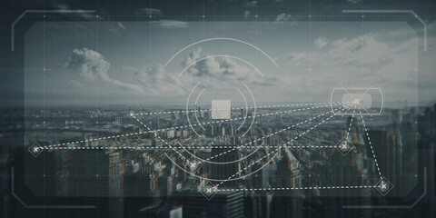Wide image of abstract city wallpaper with digial grid and mesh. Web, network, map and information concept. Double exposure.