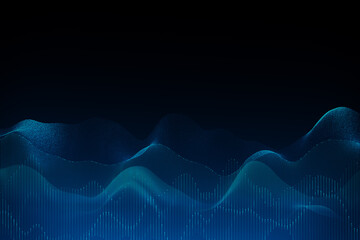 Abstract dark background with digital blue waves. Technology, innovation and mock up place concept. 3D Rendering.